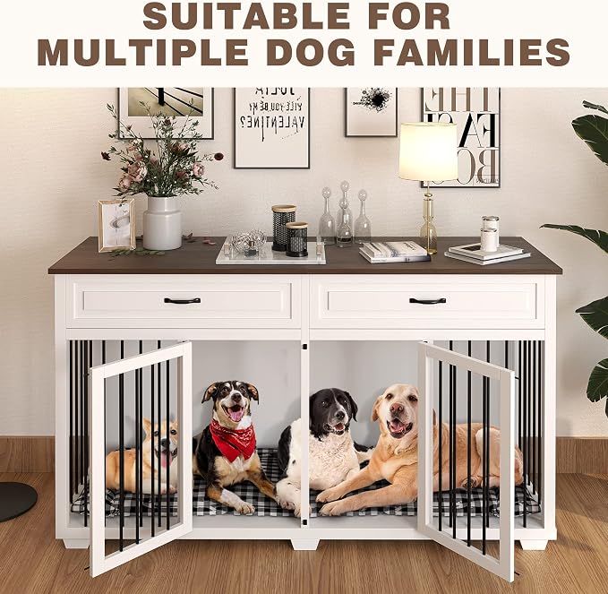 Large Dog Crate Furniture, 72.4" Wooden Dog Crate Kennel with 2 Drawers and Divider, XXL Heavy Duty Dog Crates Cage Furniture for Large Dog or 2 Medium Dogs Indoor, White