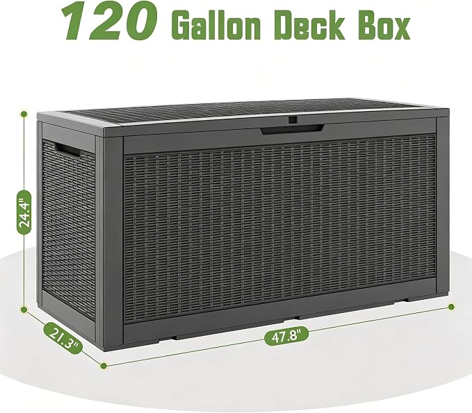 120 Gallon Waterproof Large Resin Deck Box, Lockable Large Outdoor Storage Boxes Indoor Outdoor Storage Container for Patio Cushions, Gardening Tools, Pool Supplies, Black