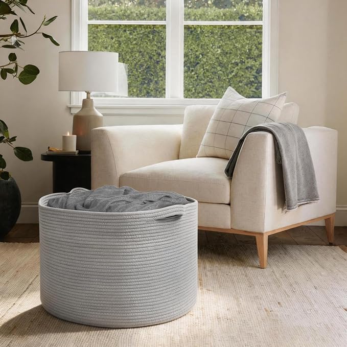 115L Super Large Gray Blanket Basket, 23.6"x15.7" Woven Cotton Rope Storage Basket for Laundry, Towel, Pillow, Oversized Kids Dog Toy Storage Bin, Grey XXXL Blanket Holder for Living Room