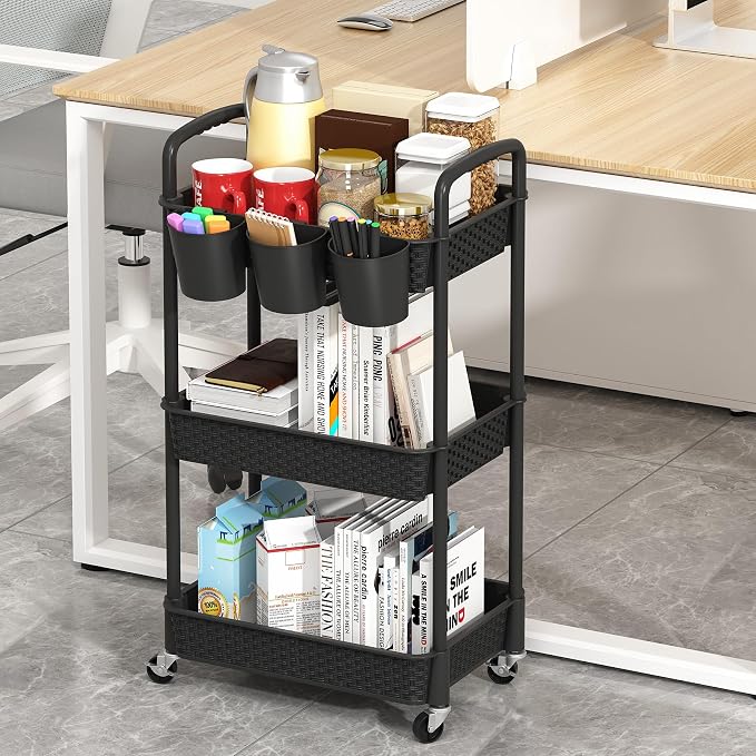 MOYIPIN 3-Tier Plastic Rolling Utility Cart with Handle,Utility Storage Cart for Office, Living Room, Kitchen,Movable Storage Organizer Shelves,Black with 3 Hanging Cups