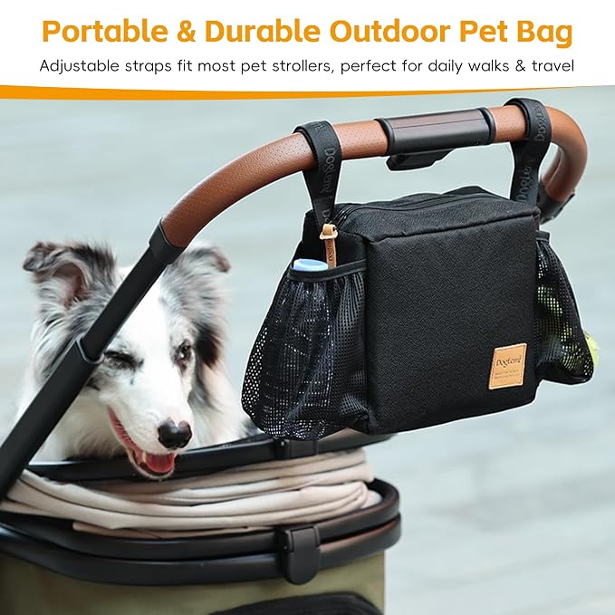 Dog Stroller Caddy Organizer Bag, Pet Stroller Caddy Handle Bag with Poop Bag Dispenser, Treat Pocket, Water Bowl, Large Non Slip Zipper Stroller Pouch for Dog Mom Walk,Travel,Indoor,Outdoor (Black)