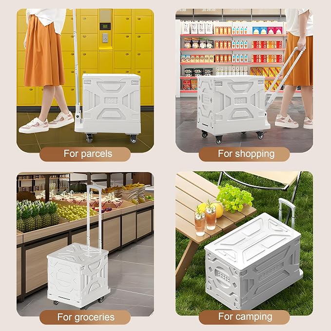 VECELO 66L Heavy-Duty 2-in-1 Foldable Utility Cart, Large Capacity Rolling Crate, Thickened Material with Silent Swivel Wheels, Dual Modes (Basket/Flatbed) for Grocery, Laundry, Camping, White