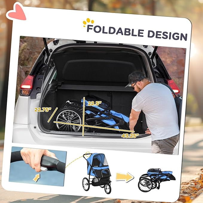 PawHut 3 Wheels Pet Stroller Foldable Jogger for Medium Dogs Blue | Adjustable Canopy, Safety Tether, Cushion, Storage Basket, Portable for Meidum Dogs and Cats