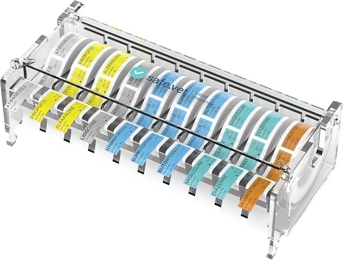 Veterinary Syringe Label Dispenser by Safe Vet | Countertop Injectable & Pharmacy Label Organizer for Vet Clinics, ICU, Surgery & Anesthesia (10 Slots)