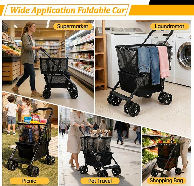 2-in-1 Folding Shopping Cart & Pet Stroller 110 LB Grocery Cart | 112L Large Personal Shopping Cart with Removable Basket, Portable Utility Cart for Groceries, Laundry, Camping & Pet Travel
