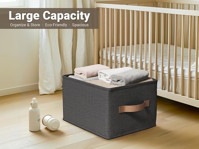 3-Pack Closet Storage Bins, Foldable Fabric Storage Baskets, Black | Thickened Rigid PP Panels, Cotton-linen Shelf Baskets, Measure 14.75"L x 10.25"W x 8.25"H for Clothes, Closets and Drawers