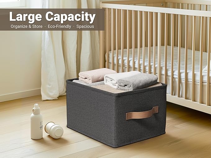 3-Pack Closet Storage Bins, Foldable Fabric Storage Baskets, Black | Thickened Rigid PP Panels, Cotton-linen Shelf Baskets, Measure 16.25"L x 12"W x 10"H for Clothes, Closets and Drawers