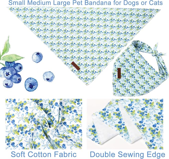 Blueberry Dog Bandana, Spring Summer Blueberry with Bowtie Puppy Bandana for Girl Female Dogs, Soft Cotton Pet Triangle Bid Scarf Kerchief for Girl Boy Dogs or Cats