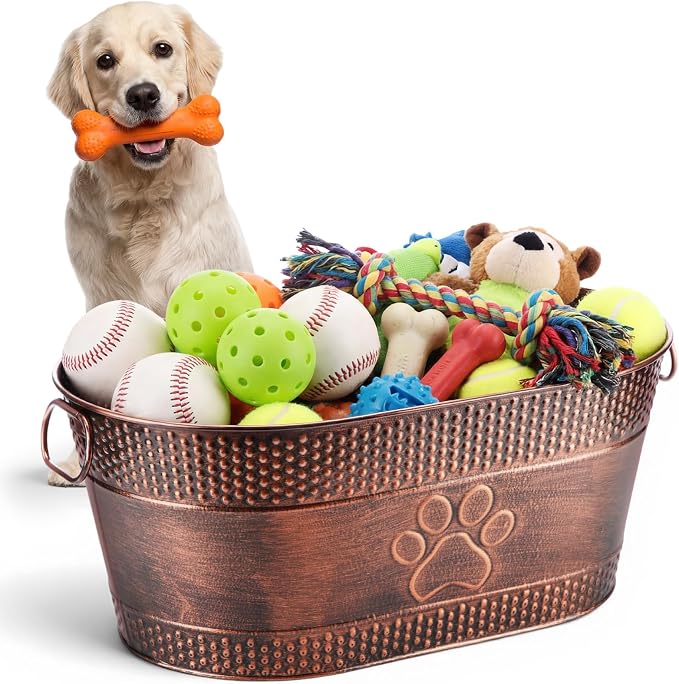 Zonon Metal Dog Toy Storage Bin with Handles 21 Quart Vintage Decorative Basket for Dog Ropes Food Living Room Decor, Galvanized Steel Pet Toy Organizer, 18x11.5x7.5 Inch (Dog's Paw)