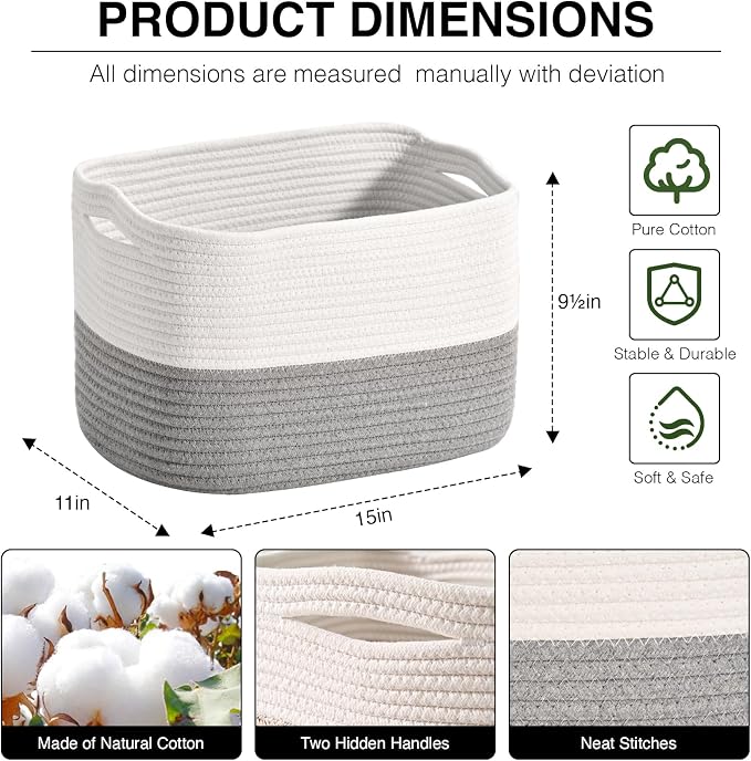 ICERZCZ Woven Cotton Rope Storage Basket for Organizing, Cute Decorative Baskets for Gifts Empty, Organizer Bins for Dog Toy, Baby Laundry, 15“×11”×9.5“, Off White & Grey