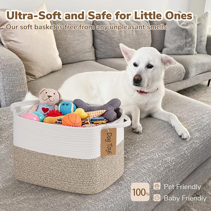 Goodpick Woven Rope Storage Basket for Shelves, Rectangle, Light Brown | 13" × 10" × 9" Stylish Gift Basket for Home Organization, Fits Dog Toys, Books & Nursery Essentials Storage, Writable Label