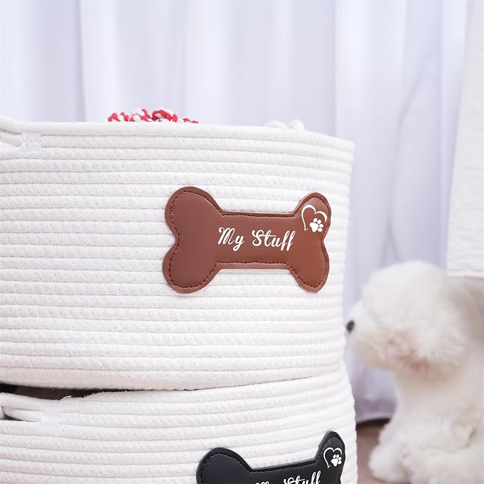 JUPPE Pet Dog Basket with Personalized Name, Dog Toys Storage Organizer Custom Cotton Rope Basket Nursery Decor (Brown Leather Basket)