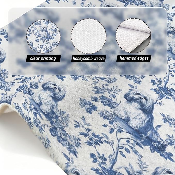Havanese Kitchen Dish Towels,Blue and White Floral Dog Towel Dish Tea Towels, Chinoiserie Decor for Kitchen Bathroom,Havanese Gifts for Dog Lover Mom Dad,16x24 Inch