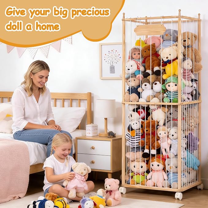 Large Stuffed Animal Storage with Wheels for Kids' Playroom | 59.4"H Giant Stuffed Animal Organizer for Toddler Bedroom and Nursery - Stuffed Animal Zoo Holder for Boys and Girls