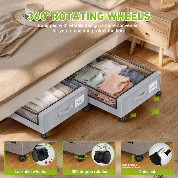 YAASHEEN Under Bed Storage with Wheels, 4-Pack Under the Bed Storage Containers with Clear Lids & Label, Underbed Storage Bins, XXL 60L Rolling Metal Drawer for Clothes, Shoes, Toys, Books - Gray