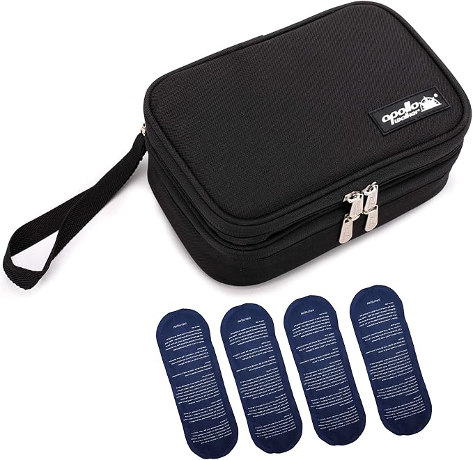 apollo walker Insulin Cooler Travel Case with Ice Packs and Insulation | TSA Approved Includes 2 x 90g ice packs for 9-hour cooling insulin pens & syringes for Diabetics to Carry (Black)