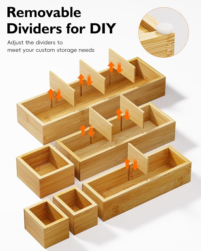 12-Piece Bamboo Drawer Organizer Set, 24 Compartments Modular Storage | Natural Bamboo, Flexible Modular Trays, Water-Resistant, Stackable Design, Adjustable, Excellent Organization, Easy to Clean