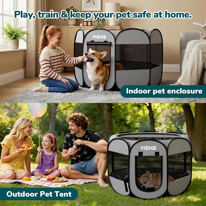 Dog Cat Small Animal Puppy Playpen Crate, Medium, Whole Grey | Portable Pop Up Pet Cage Enclosure Tent Kennel Indoor Outdoor with Carrying Case, No Assembly, Camping Use