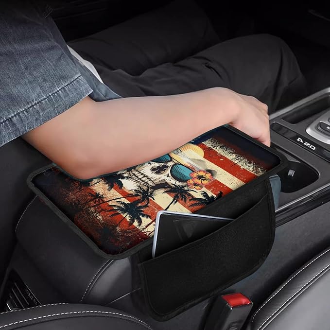 Howilath Console Armrest Pad Cover for Car with 2 Pockets | American Flag Skull Non-Slip Backing, Machine Washable, Universal Fit for SUV Sedan Truck, Protects from Wear and Stains