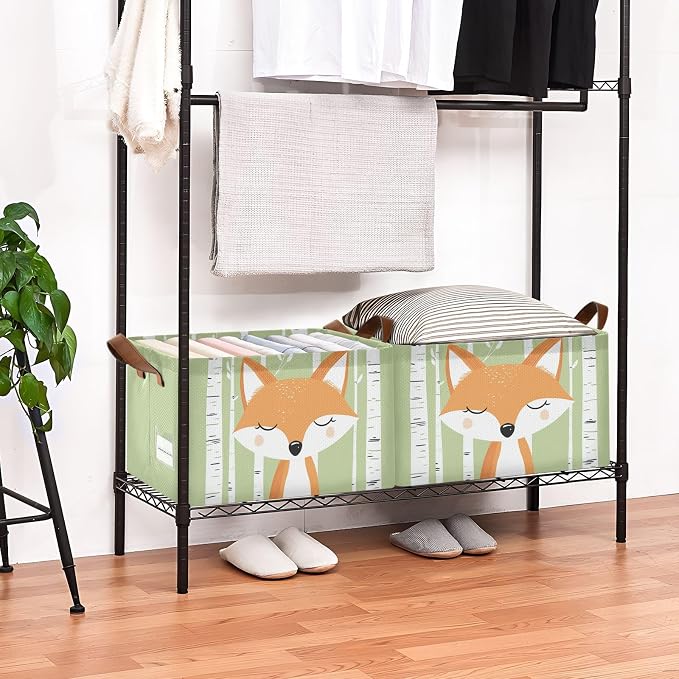 Woodland Cute Cartoon Fox Baby Storage Basket with Labels&Handles Forest Animal Fox Nursery Storage Bins Collapsible Shelf Organizer Baskets for Kids Books Cloth Gift Basket Toys Laundry