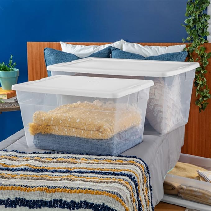 Sterilite Storage Box, Stackable Clear Plastic Bins, 90 Quart, 12-Pack | Heavy-Duty Organizing Containers with Snap-On Lids for Closet, Bathroom, and Office