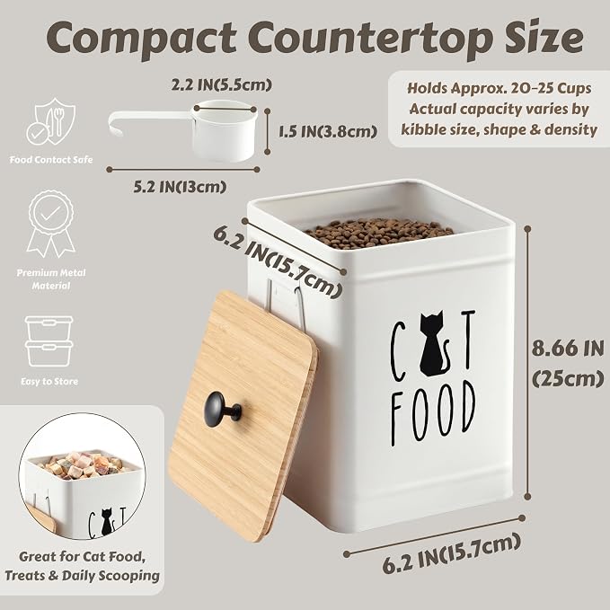 PERFNIQUE Cat Food Storage Container, Airtight Cat Treat Container with Bamboo Lid, Pet Food Storage for Kitchen Countertop, Treat Jars for Pets, Cat Food Container (White, with Spoon)