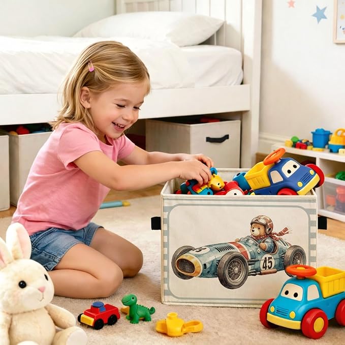 Race Car Bear Storage Bin, Blue Gray Stripe Foldable Fabric Basket | Teddy bear racer collapsible fabric organizer for nursery, bedroom, playroom, toys, books, and clothes