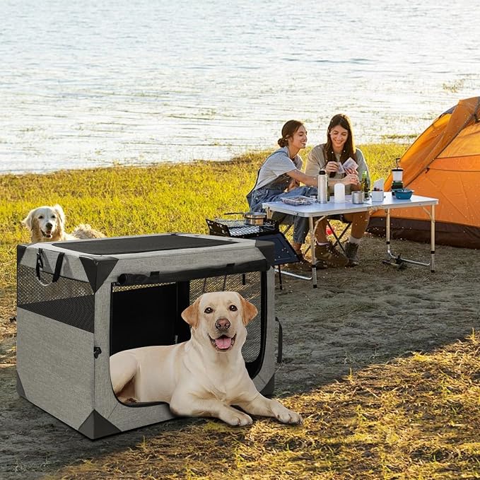 Zikopomi 36 Inch Portable Soft Foldable Dog Crate | 3 Zipper Door,Collapsible Soft Pet Kennel, Foldable Dog Cage, for Small and Medium Dogs, Indoor Outdoor Travel, Light Grey
