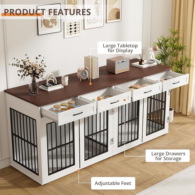 VOWNER 87" Dog Crate Furniture for 2 Dogs, Double Dog Cage Furniture, White | Extra Large Wooden Dog Kennel with 4 Drawer, Removable Divider, Furniture-Style TV Stand, XXL Dog Crate for Large Medium Dogs