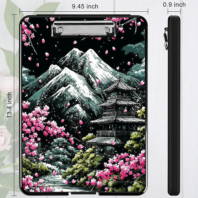 Heavy Duty Storage Clipboard, Slim Nursing Clipboard with Internal Pen Case, Portable File Organizer Case for A4 Letter Size Paper Office Medical Professionals, Sakura Dark Mountain Range