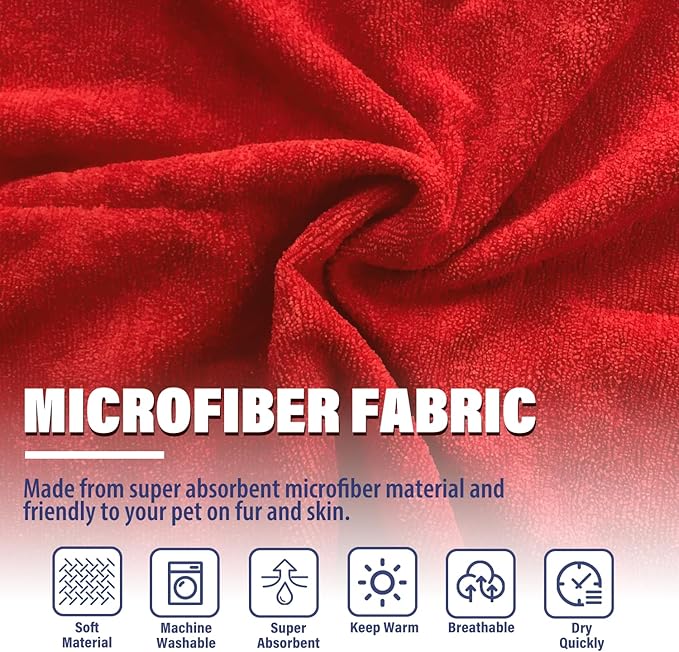 Dog Drying Coat - Fast Drying Dog Towel Robe - Microfiber Super Absorbent Pet Bathrobe, Adjustable Collar & Belly Strap Fast Drying Bath Robe Towel (Medium, Red)