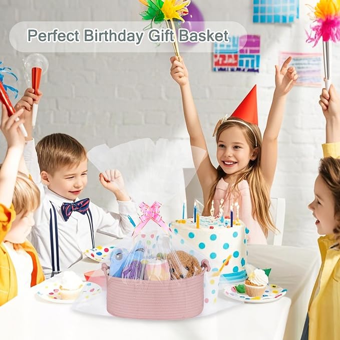 COMSE Small Gift Basket Empty with Bag & Ribbons, Solid Dusty Pink | Cotton Rope, 12"x 8"x 5", Pet Toy Storage Organizer, Woven Basket for Birthdays, Baby Showers, Mother’s Day, Valentine’s Day