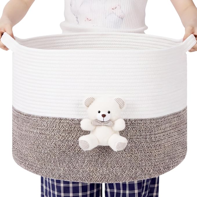 LemonRoad Extra Large Basket 20"x14", Woven Basket for Laundry Blanket Toy Box with Handle Storage, Blanket Storage for Living Room Nursery Pillows Chest(Cotton Rope,White Bear,Brown)