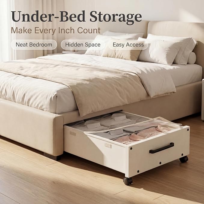 KITHELP Wooden Under Bed Storage with Wheels, Rolling Under the Bed Storage Bins with Removable Lid, Metal Under Bed Drawers for Clothes and Shoes in Bedroom or Living Room (White-2pack)