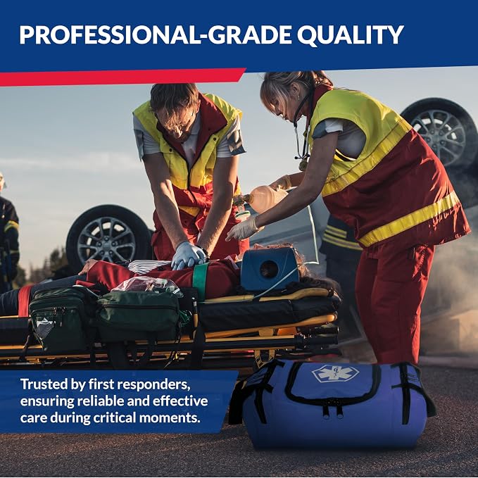 Fully Stocked Trauma First Aid Kit – First Responder II Bag with Tools, Gauze, Bandages, Scissors & Gloves – Compact & Portable – OSHA and ANSI Compliant – Blue