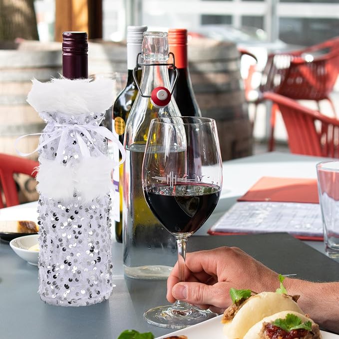 DECHOUS Wine Pouch Bottle Silver Cover Christmas Plush with Bag Pet Material, Decorative Drawstring Wine Bottle Storage for Holiday Party and Coffee Shop Use