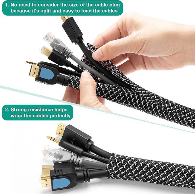 ZhiYo 6.6ft 1 inch Cable Sleeve, Black - White | Cord Wrap Wire Protector Tubing, For Pets, PC Cable Wrap, Computer Cable Management