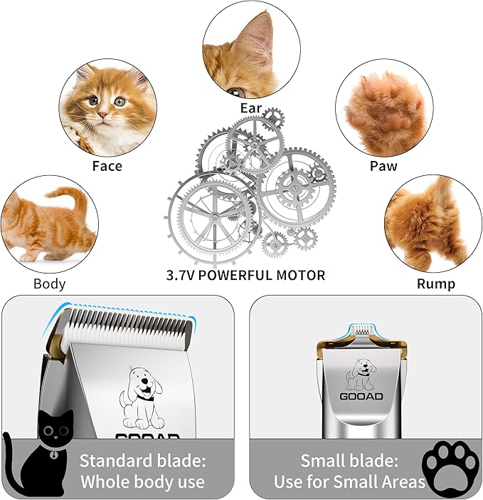 Cat Clippers for Matted Hair, Cordless Low Noise Pet Shaver & Grooming Kit with Paw Trimmer for Dogs and Cats, Professional Detangler for Thick Coats (Silver)