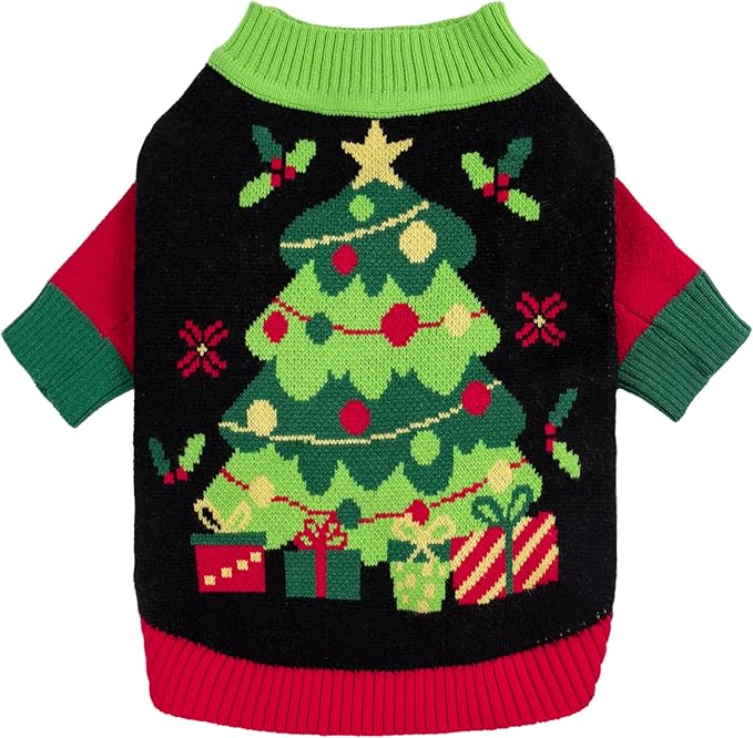 Fitwarm Christmas Tree Dog Sweater, Thermal Dog Winter Clothes for Small Dogs Boy Girl, Cozy Dog Christmas Outfit, Doggy Pullover Jumper, Holiday Pet Apparel, Black, Red, Green, Yellow, XXL