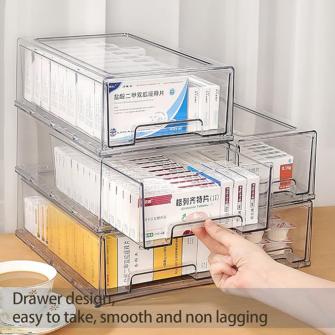 2 Pack - Clear Pulling Medicine Drawer First Aid Kit Box for Bathroom, Cabinet, Closet,Medicine Organizer, Medicine Storage Box Adhesive Bandages Family Emergency Kit (L drawer)