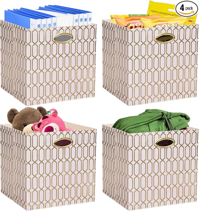 Posprica Storage Bins, Storage Cubes, 11×11 Fabric Drawers Organizer Basket Boxes Containers (11×11×11/4pcs, Cream/gold geometry Pattern)