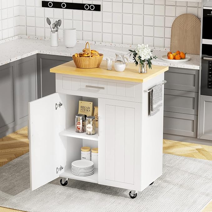 JY QAQA 26" Rolling Kitchen Island Cart on Wheels, Mobile Storage Cabinet with Adjustable Inner Shelves, Kitchen Prep Cart with Towel Rack & Lockable Casters for Small Apartment Kitchen, White