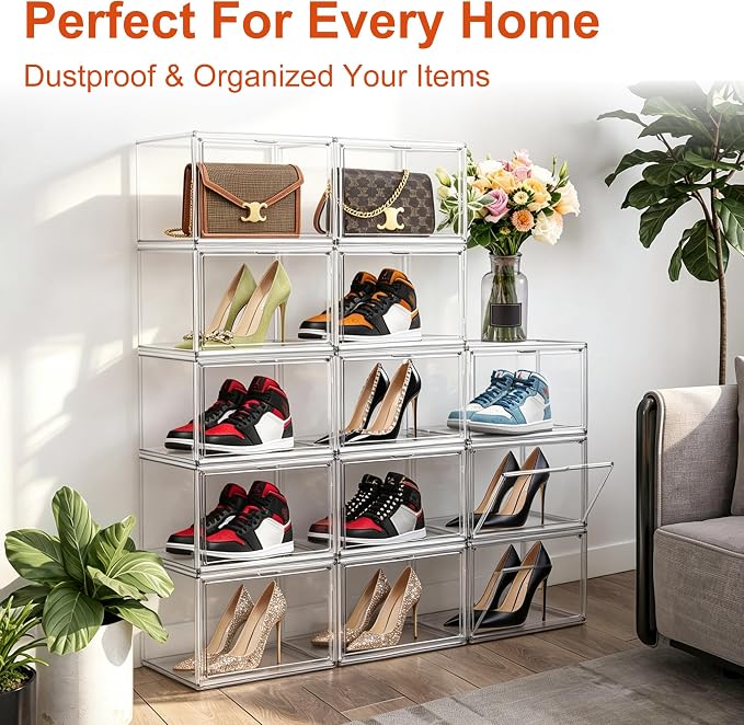 12 Pack Clear Acrylic Shoe Boxes, Wide Magnetic Door Shoe Organizer Size 12 | clear storage boxes for daily shoes, flats, low-top sneakers and closet storage,13.4 x 10.3 x 7.6 in