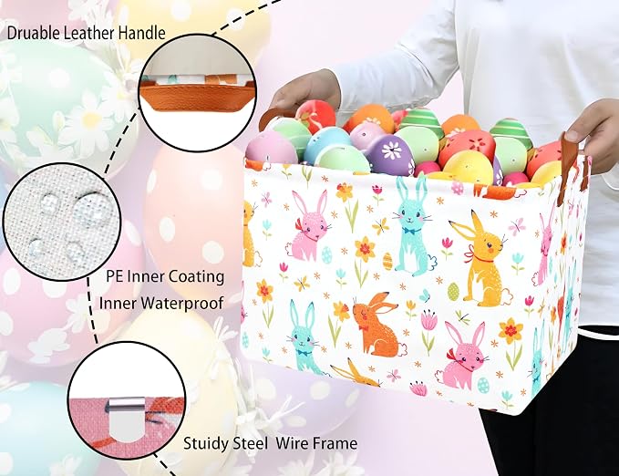 Large Rectangular Easter Baskets Empty Waterproof Boy Toy Box Foldable Kid's Gifts Storage Bin Spring Room Decor(Flower Rabbit Egg)