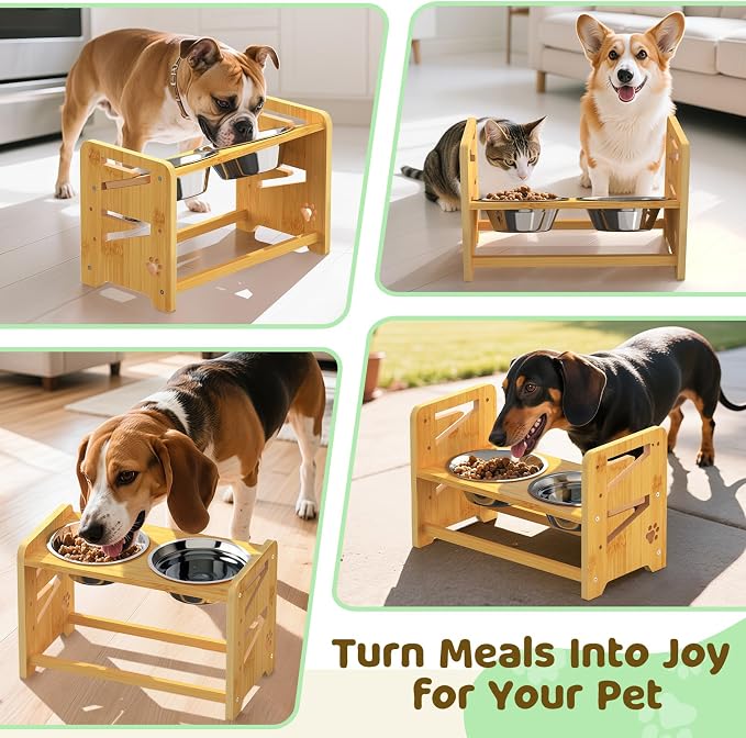 Elevated Dog Bowls, Adjustable Raised Dog Bowl Stand for Medium and Small Dog, 11" High Bamboo Pet Food Feeder with 2 Stainless Steel Dishes（4 Heights）