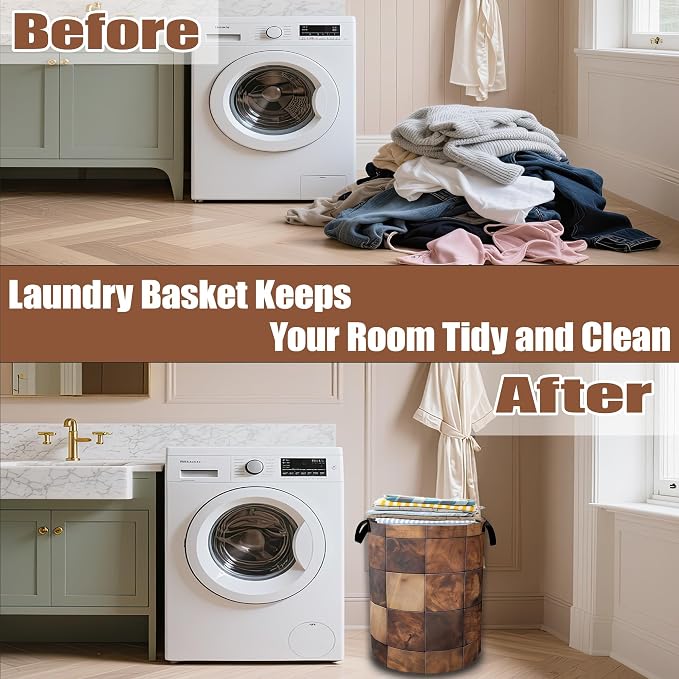 Brown Wood Squares Laundry Basket, Laundry Hamper Waterproof Oxford Cloth Tote Collapsible,Clothes Storage Bucket Decorative Toy Organizer For Bathroom Bedroom 16" x 20.8"