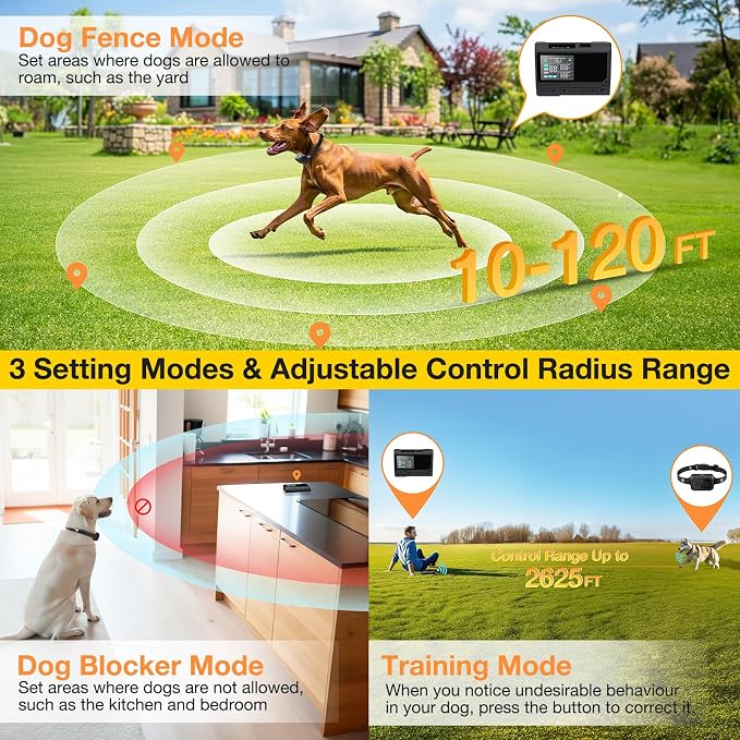 AOZOOM 3-in-1 Wireless Dog Fence System-Training,Waterproof Dog Collar | Safe Zone & Blocker Modes,Dog Electric Fence Wide Remote Range Indoor Outdoor