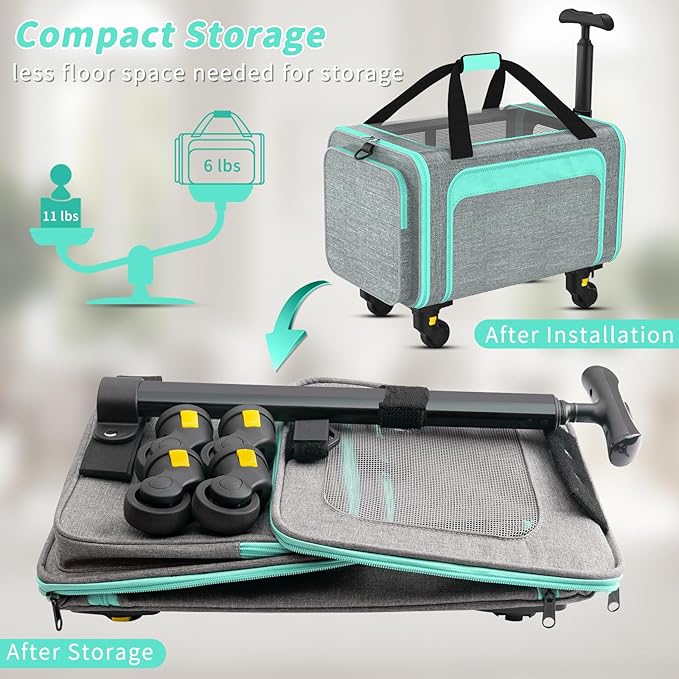 Airline Pet Carrier with Wheels, 18x11x11 for Cats & Toy Dogs | Soft-sided nylon under-seat bag, removable wheels, expandable mesh, cats & toy-breed dogs, measure pet before buying