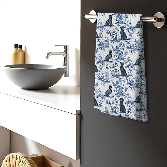 Chinoiserie Labrador Retriever Kitchen Towels, Blue and White Botanical Grandmillennial Dog Decorative Dish Tea Towels, Labrador Retriever Gifts for Kitchen Bathroom Decor, 16x24 Inch