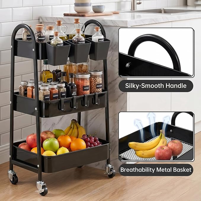danpinera 3-Tier Rolling Cart, Utility Cart Mobile Metal Rolling Storage Cart with Lockable Wheels & Hanging Cups & Hooks for Kitchen, Bathroom, Office, Workshop, Black